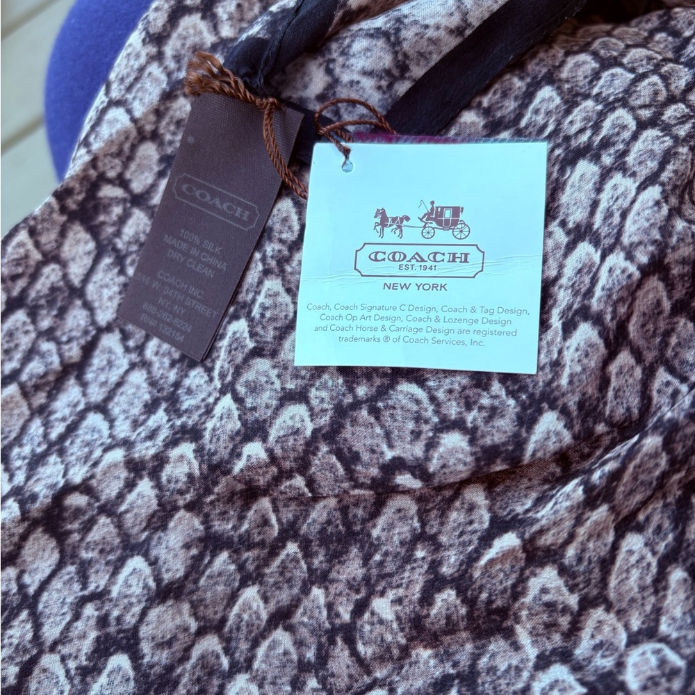 NWT COACH Brown and Black Snake Patterned Silk Scarf, Size: 27” x 27” - Picture 6 of 10
